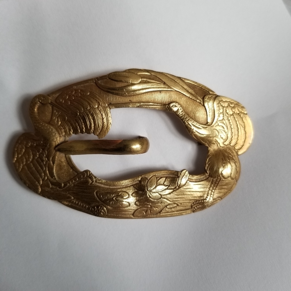 Relisted -Antique Edwardian crane lily pad sash brooch pin nouveau gold tone - Picture 8 of 17